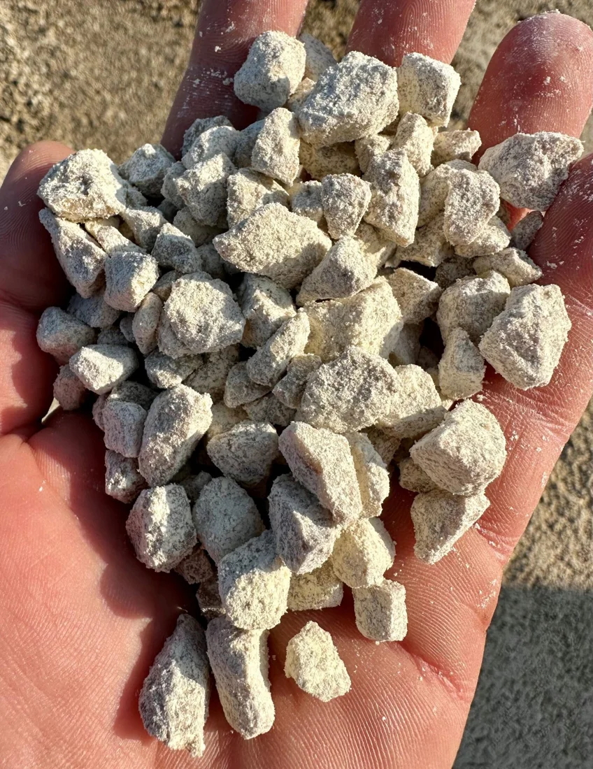 Granulats clairs tenus dans une main